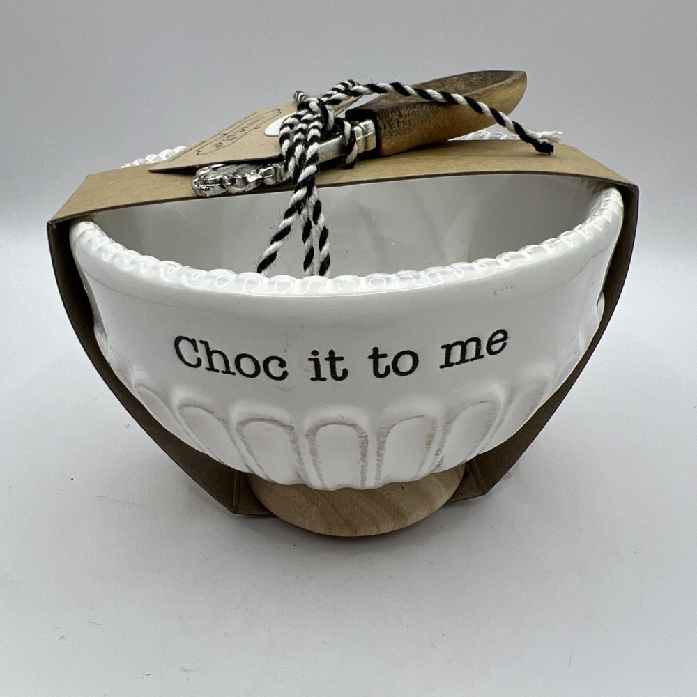 NEW Mud Pie Candy Dish Scoop Set "Chock it to me" Wood Base Spoon 3x4.5"